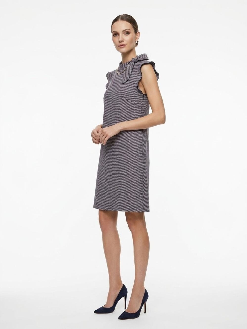 MAX&Co. Women's Multi Tweed Houndstooth High Neck Tie Collar Shift Dress Size 10